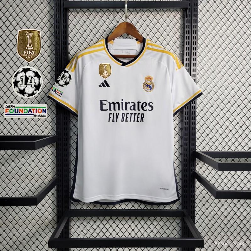 23-24 Real Madrid Home Jersey With Full Champion Patches - Kitsociety